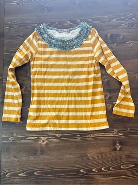 Jelly The Pug Mustard Yellow & Cream Striped Long-Sleeve Top with Blue Ruffle